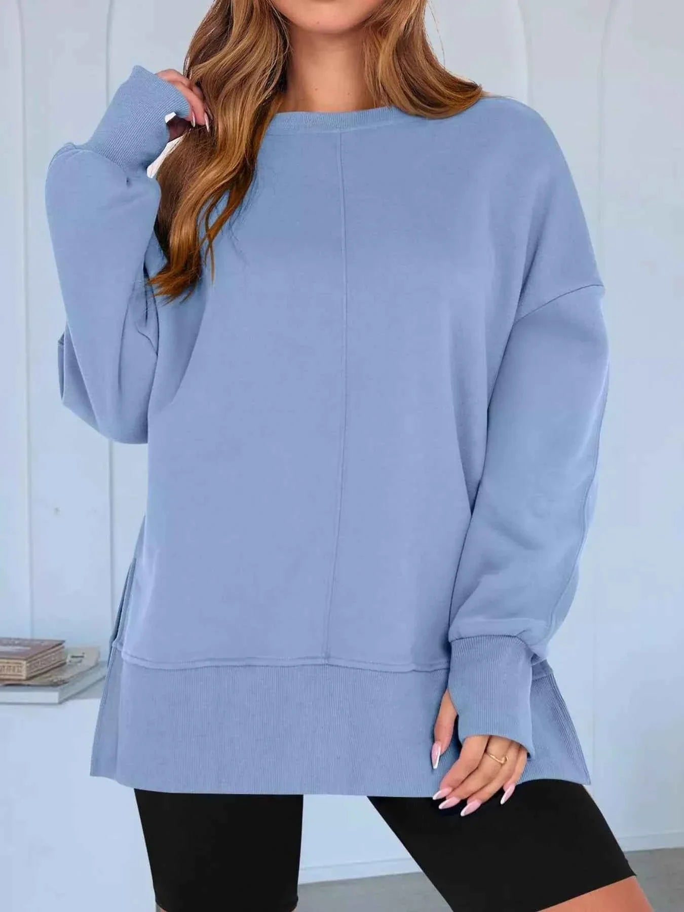 Side Slit Round Neck Long Sleeve Sweatshirt