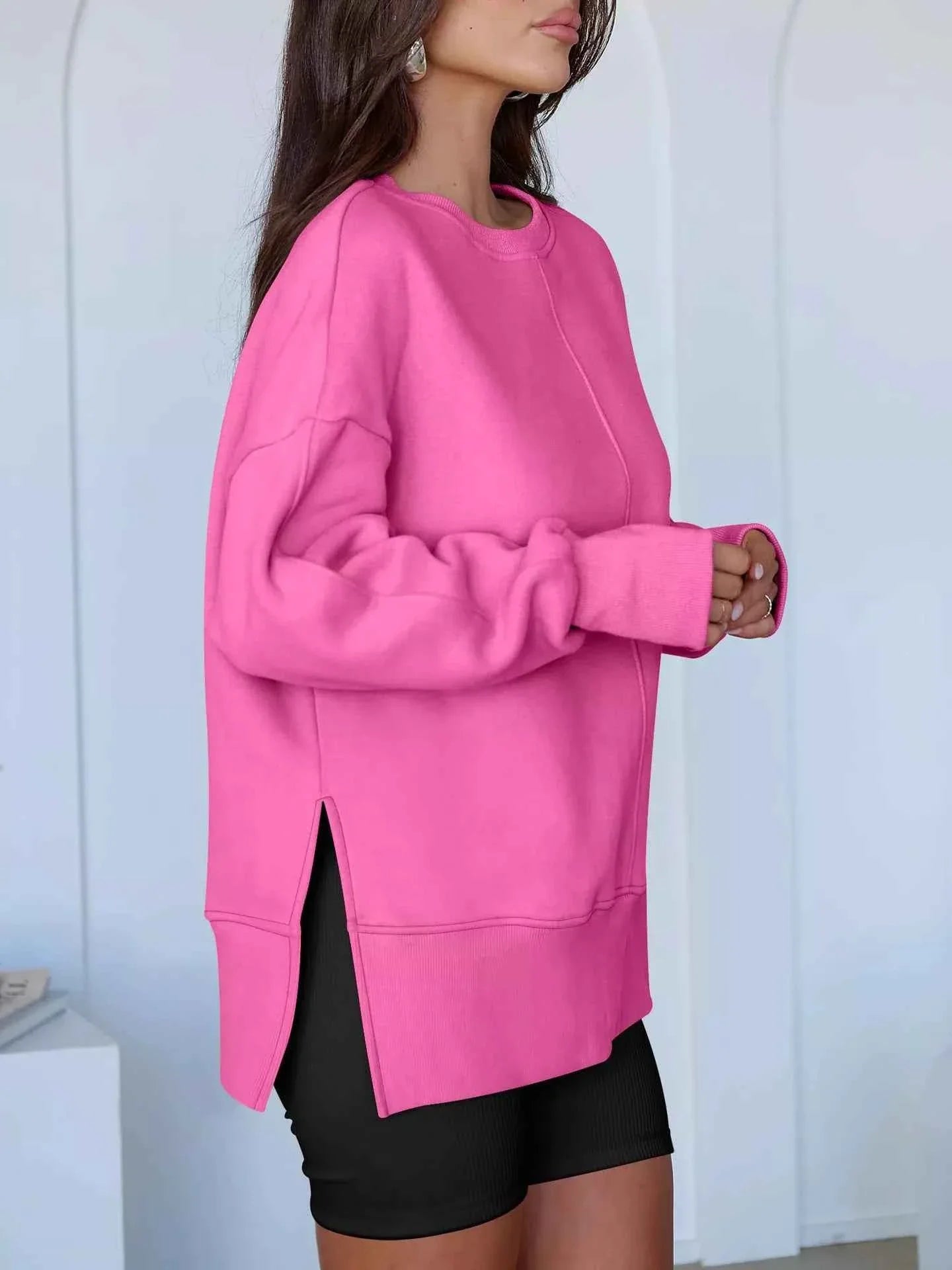 Side Slit Round Neck Long Sleeve Sweatshirt