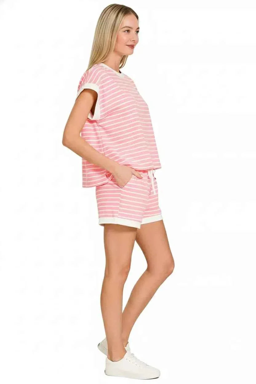 Zenana Stripe Contrast Trim Top & Shorts Set