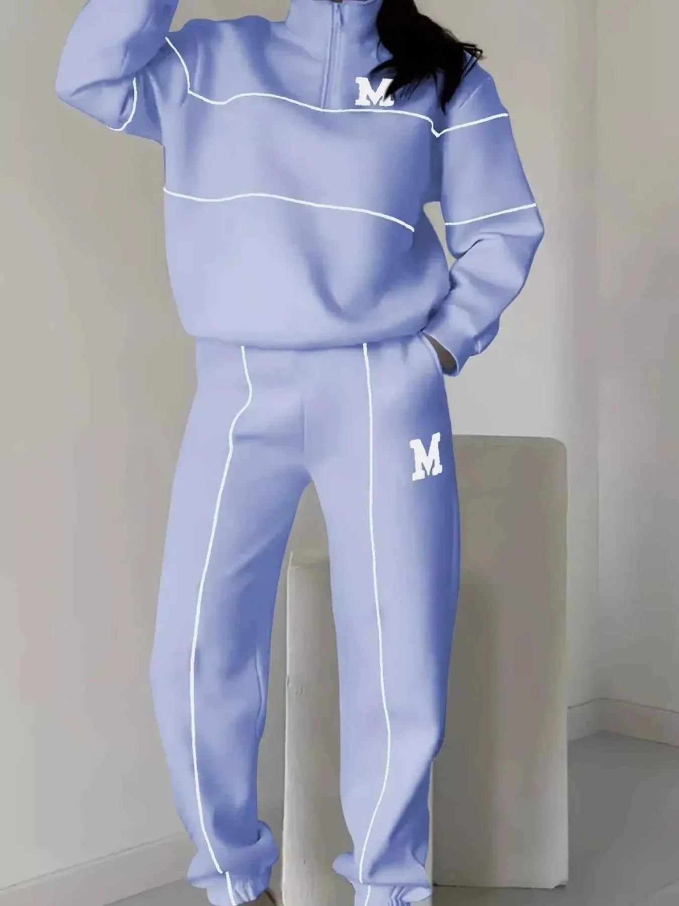 Full Size Striped Quarter Zip Top and Pants Set Plus Size