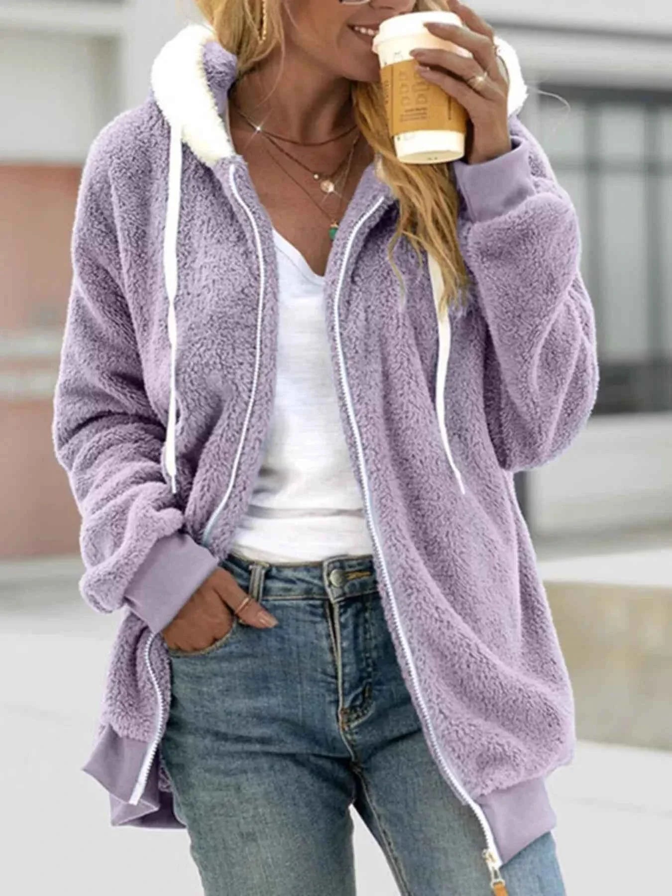 Full Size Cozy Fleece Zip-Up Hooded Jacket Plus Size