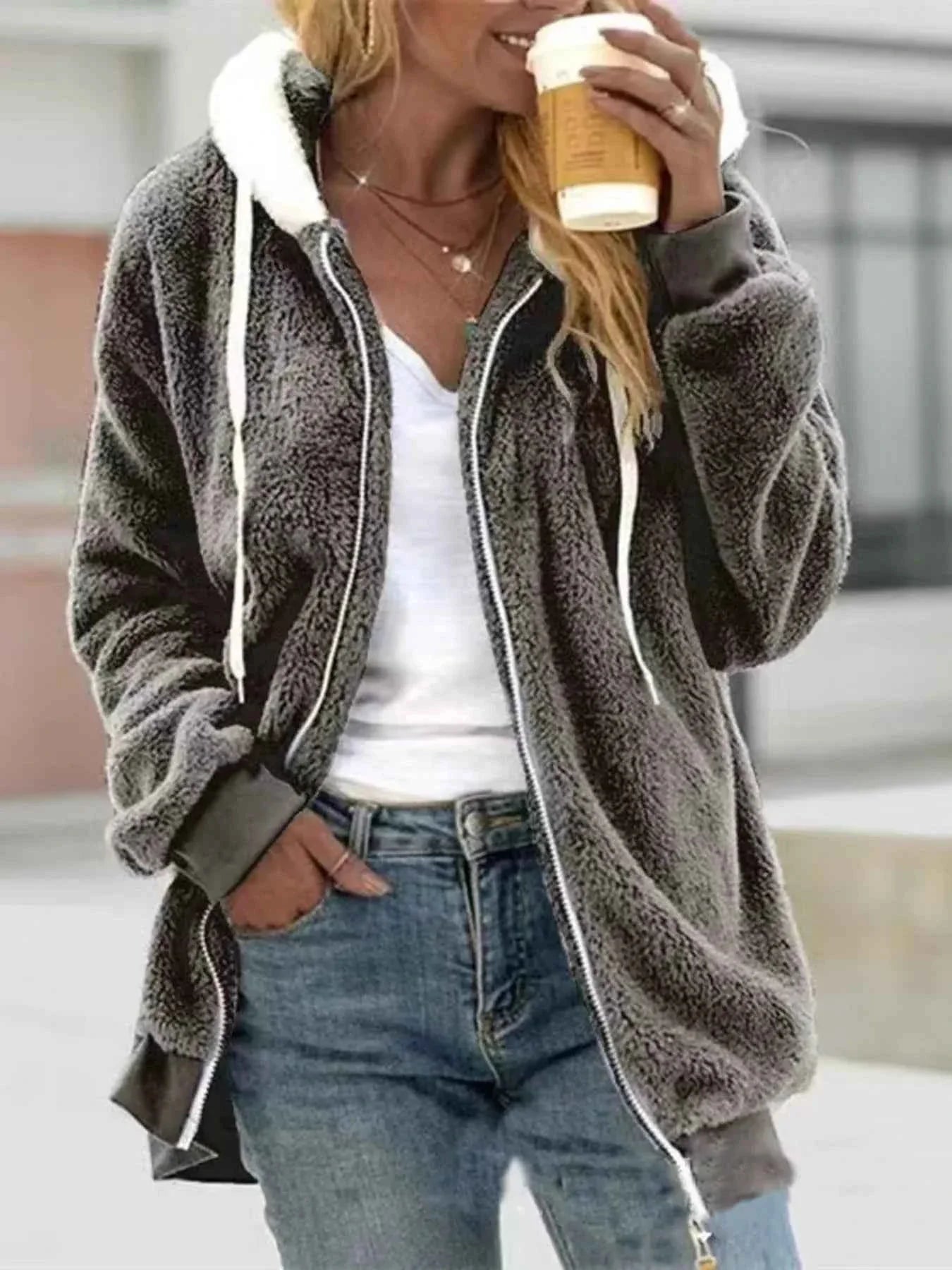 Full Size Cozy Fleece Zip-Up Hooded Jacket Plus Size