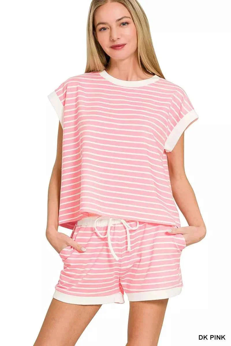 Zenana Stripe Contrast Trim Top & Shorts Set