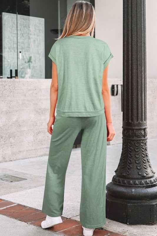 Solid Short Sleeve Tee and Drawstring Pants Set