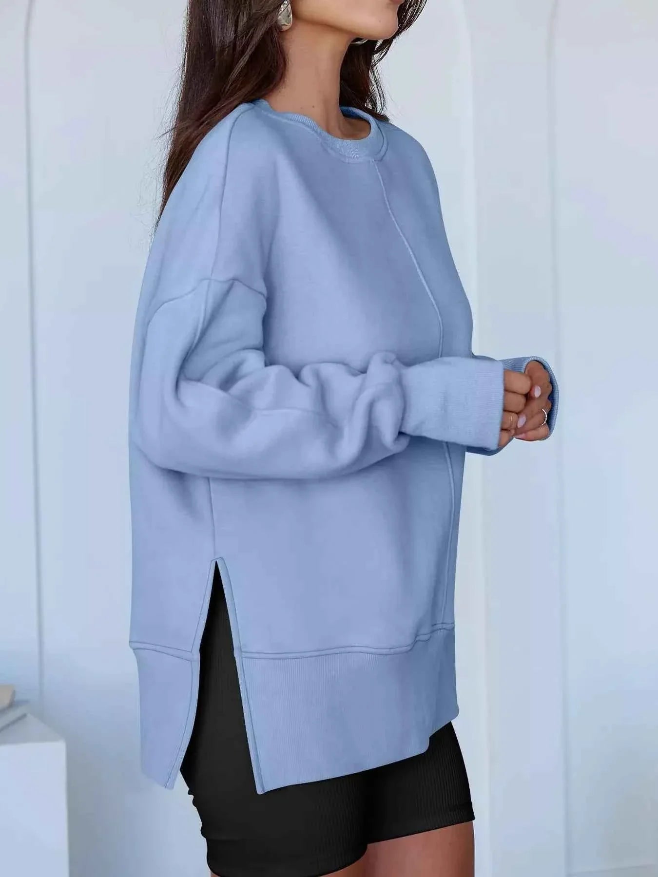 Side Slit Round Neck Long Sleeve Sweatshirt