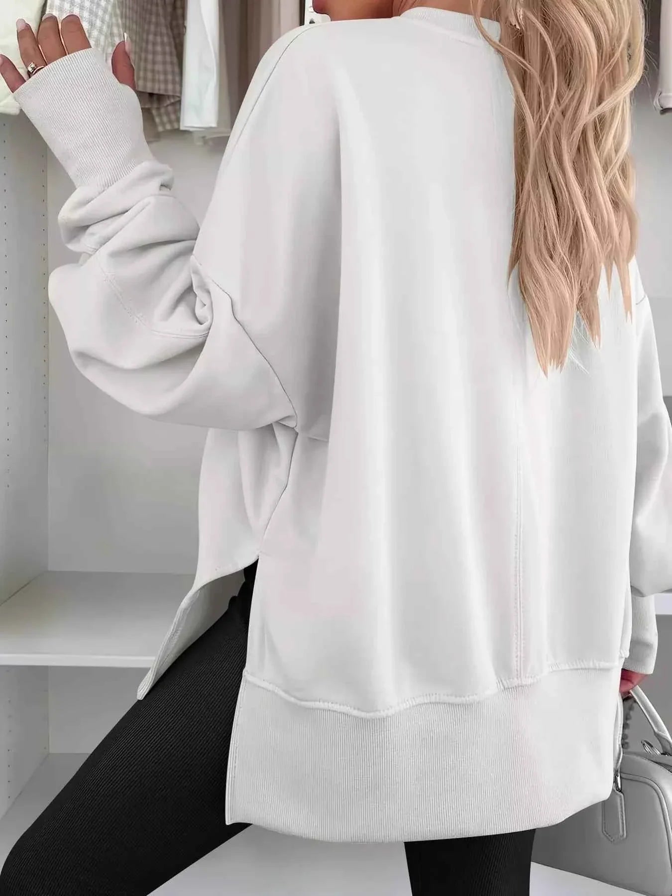 Side Slit Round Neck Long Sleeve Sweatshirt