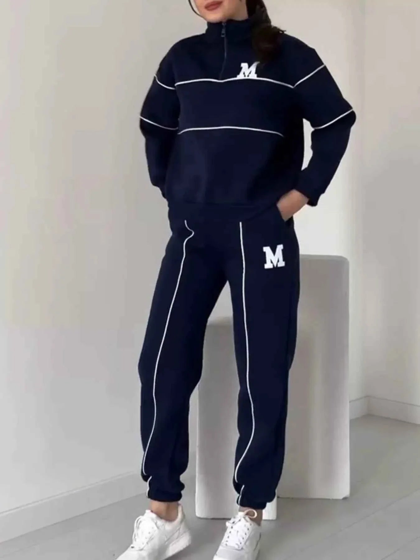 Full Size Striped Quarter Zip Top and Pants Set Plus Size