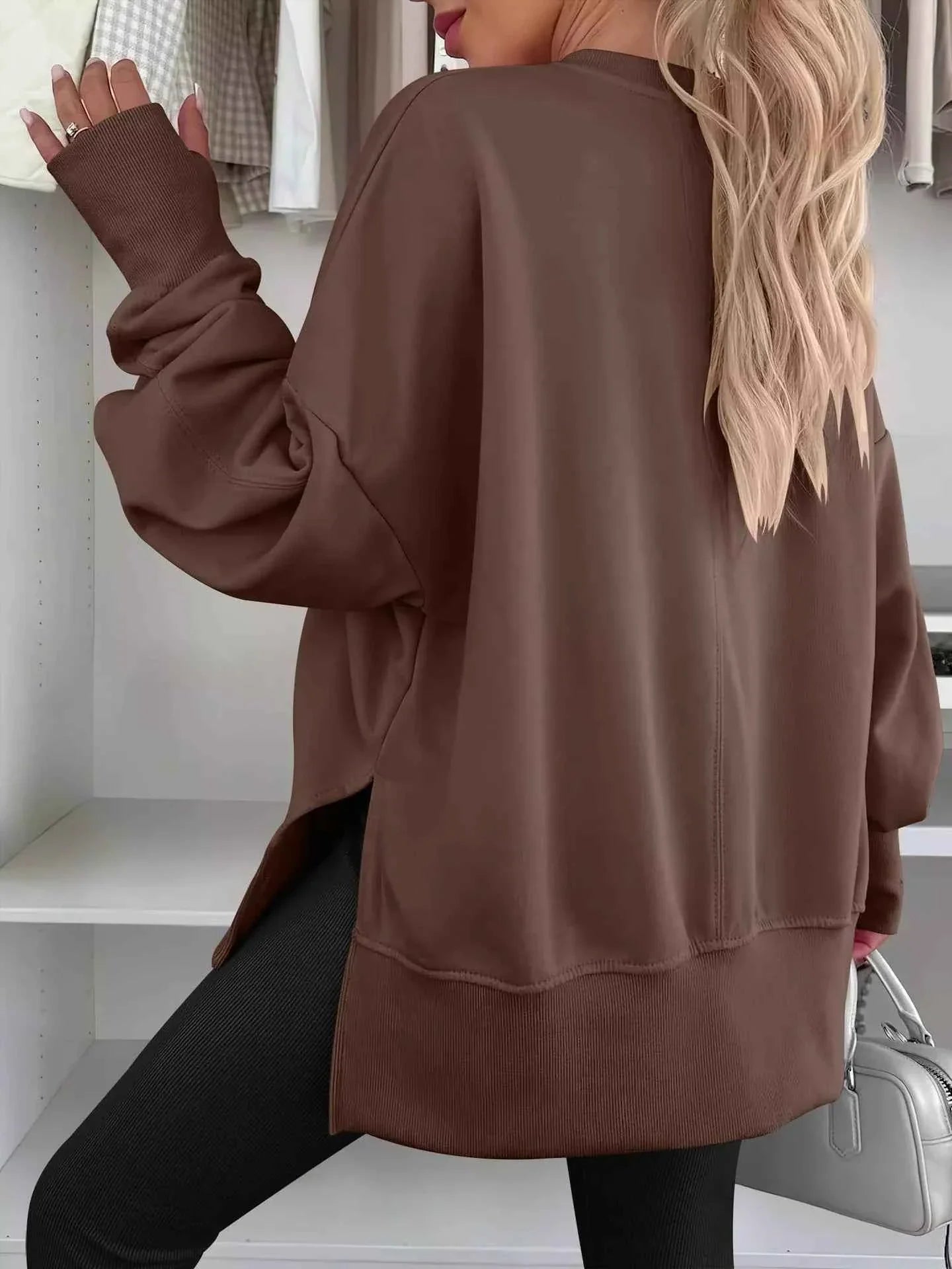 Side Slit Round Neck Long Sleeve Sweatshirt