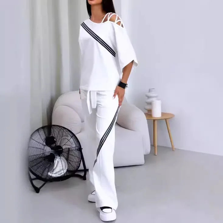 Women's White Sports Shirt+casual Pants Cotton
