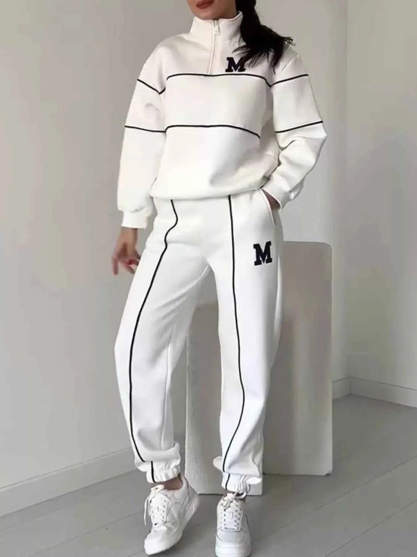 Full Size Striped Quarter Zip Top and Pants Set Plus Size