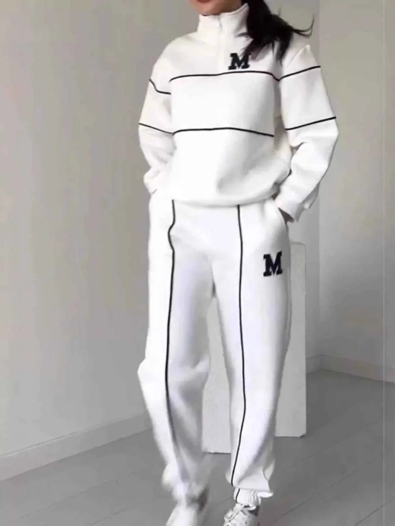 Full Size Striped Quarter Zip Top and Pants Set Plus Size