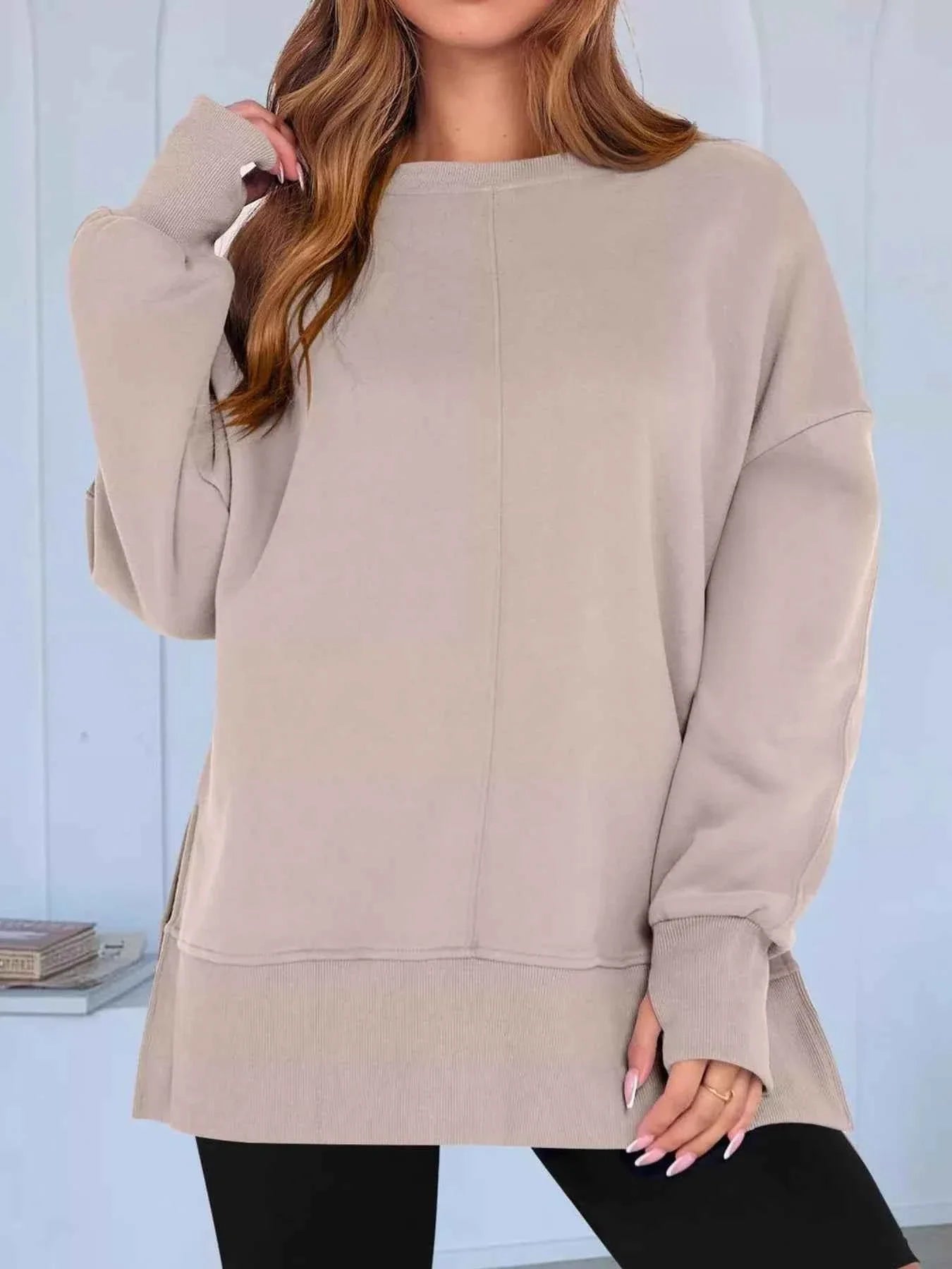 Side Slit Round Neck Long Sleeve Sweatshirt